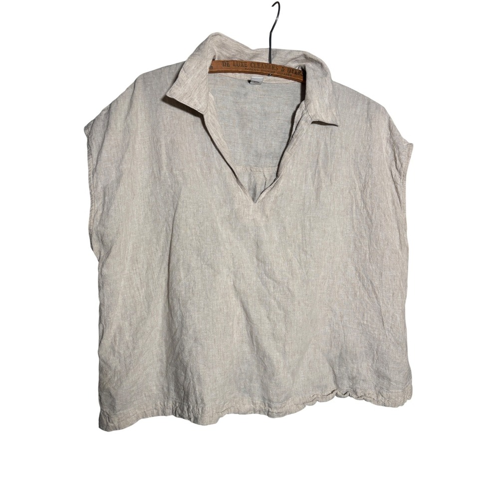 Old Navy Womens L Linen Blend V-Neck Tunic Top Oatmeal Beige Sleeveless Blouse